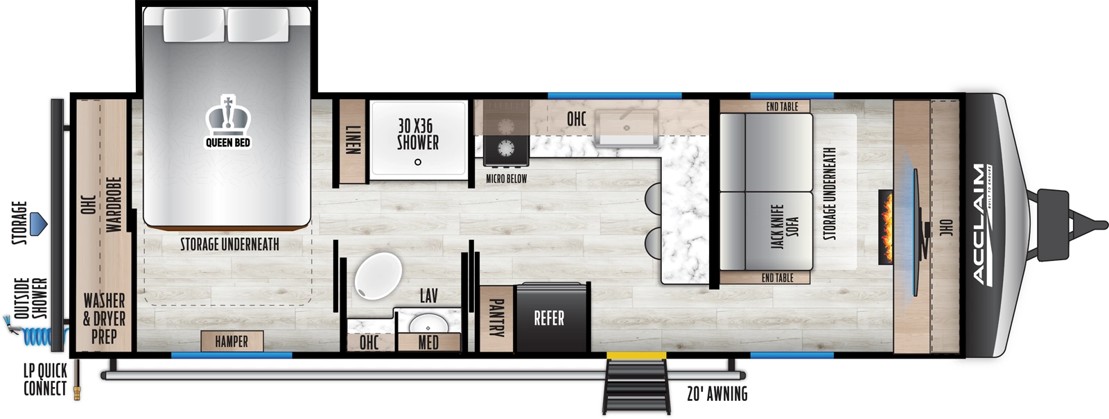 The Acclaim 2650FL floorplan has one entry and one slide out. Exterior features include: metal exterior and 16' awning. Interiors features include: rear bedroom, front living and pass through bathroom.